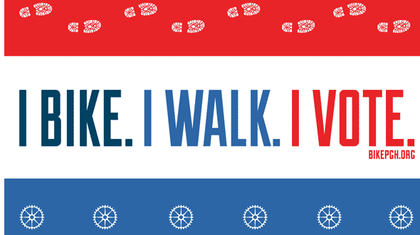 Graphic of text in red, white, and blue that reads "I bike. I walk. I vote."