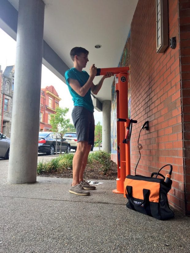 The newly installed Dero Fix-It Station at Action Housing, Uptown Lofts Site. Young people graduating out of foster services receive bikes upon completion of the Positive Spin program and can access this public service station outside of their residence.