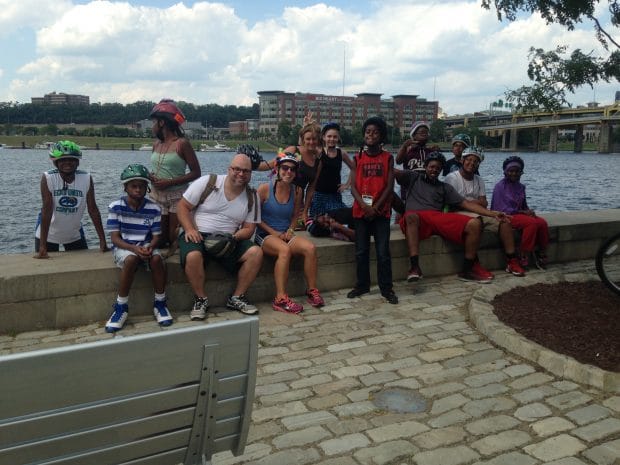 Positive Spin Youth stopping for a break after biking to the river during Summer Dreamers 2016