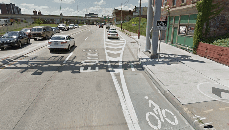 Image shows a picture of the Parking Protected Bike lane on E Ohio St in Pittsburgh's Northside