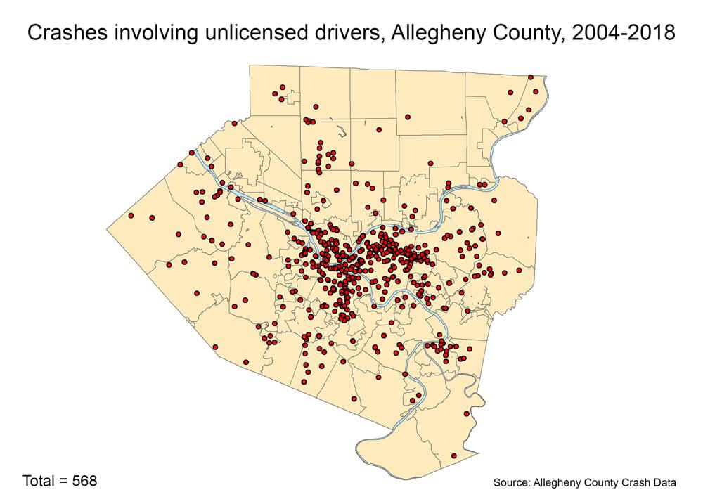 A map of Allegheny County showing where the 568 crashes involving unlicensed drivers occurred, 2004-2018