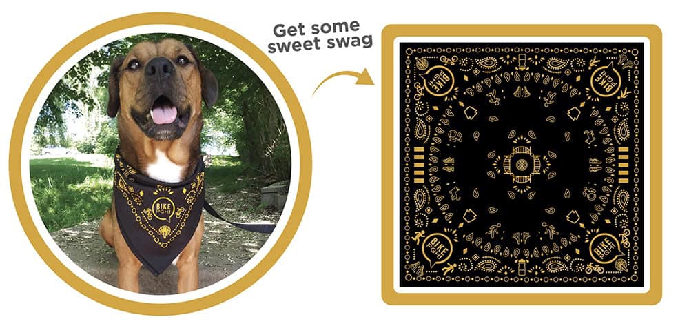 Doggo wearing a bandana and the sample image of the BikePGH bandnana