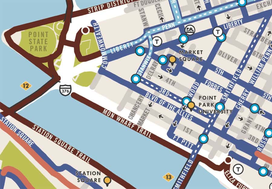 Image is a map of downtown Pittsburgh showing the bike trails and on street bike network.