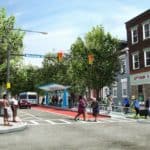 Image shows a rendering of the bus rapid transit in Uptown with a bus lane, bike lane, sidewalks, and travel lane.