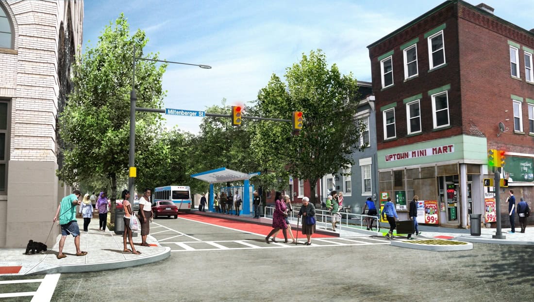 Image shows a rendering of the bus rapid transit in Uptown with a bus lane, bike lane, sidewalks, and travel lane.
