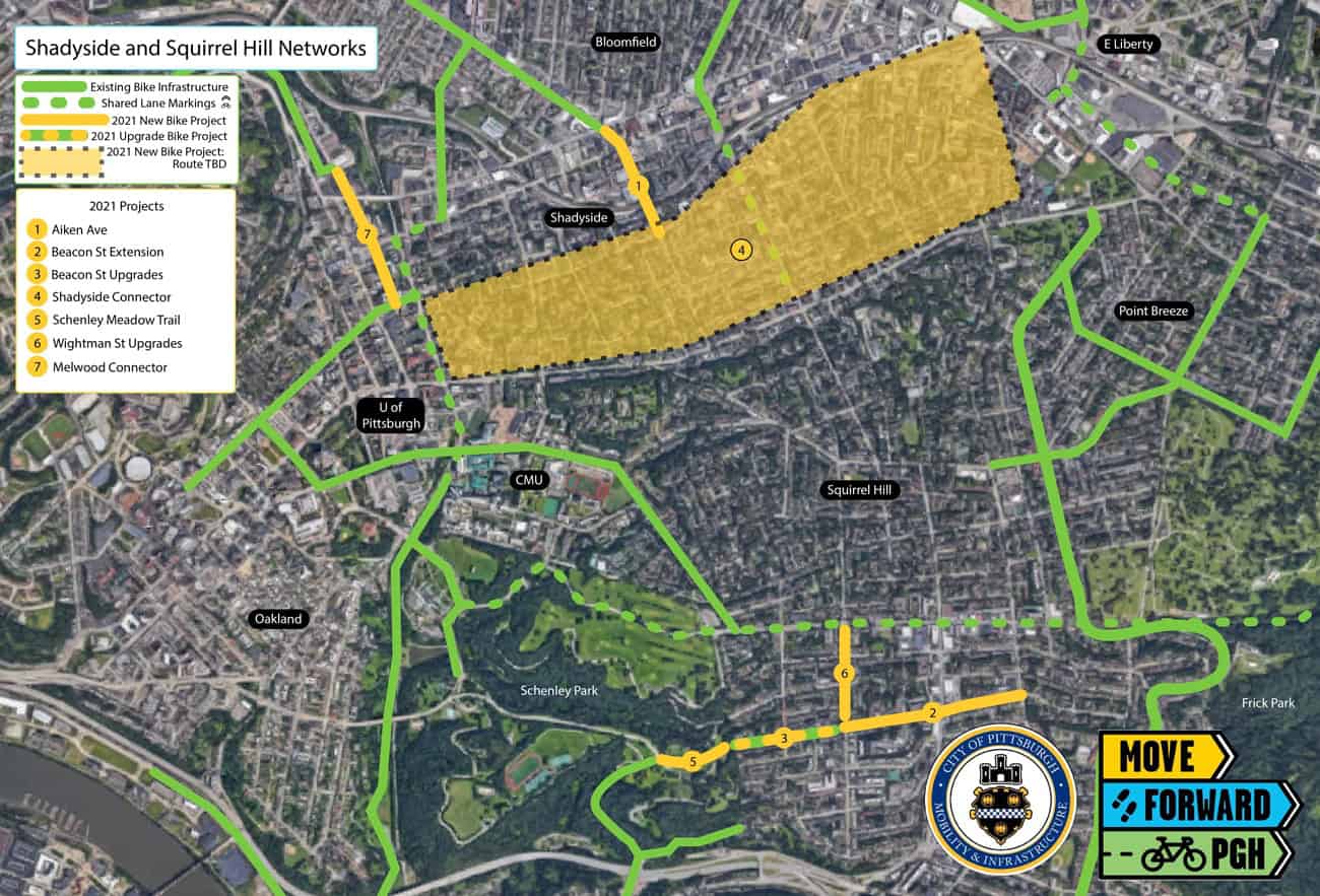 Image shows a map of Shadyside and Squirrel Hill and the locations of each project.