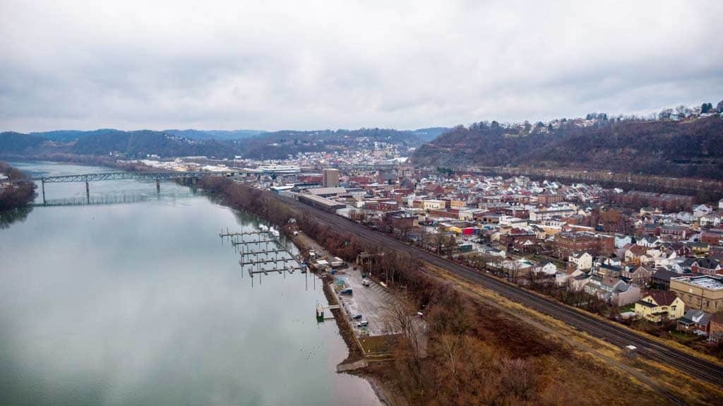 Image shows an bird's eye view of the Allegheny River and Sharpsburg