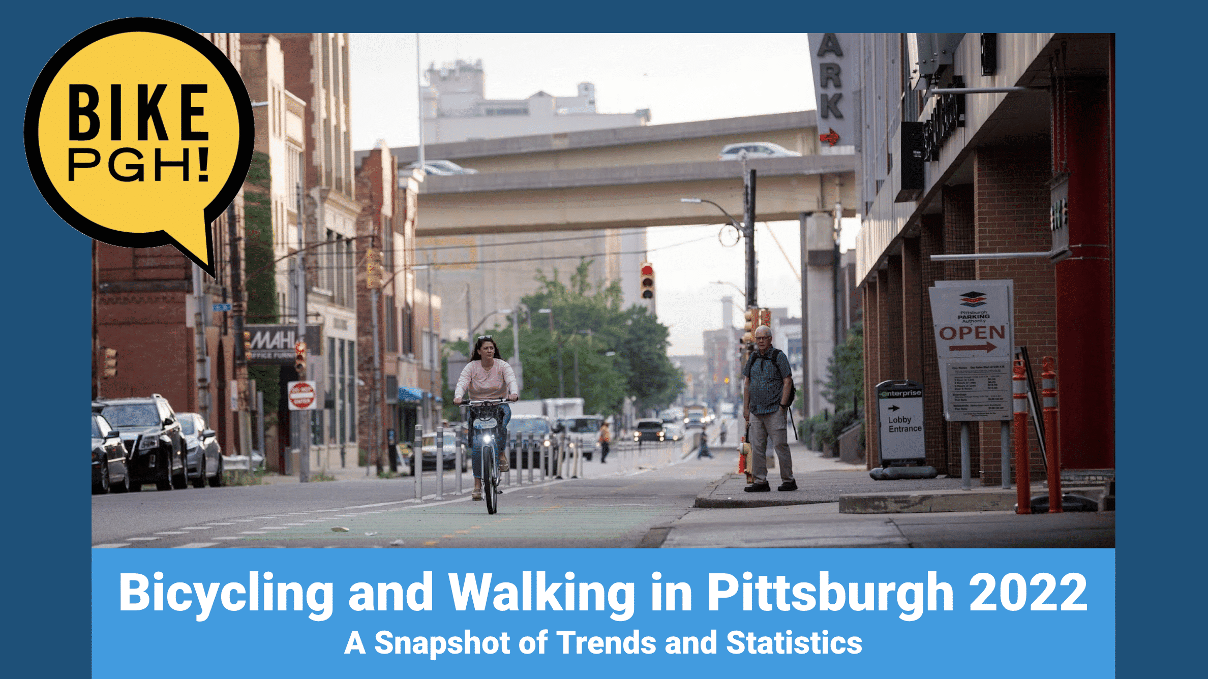 Cover of the report shows a view of the Penn Ave bike lane with a female rider in it and a male pedestrian on the adjacent sidewalk