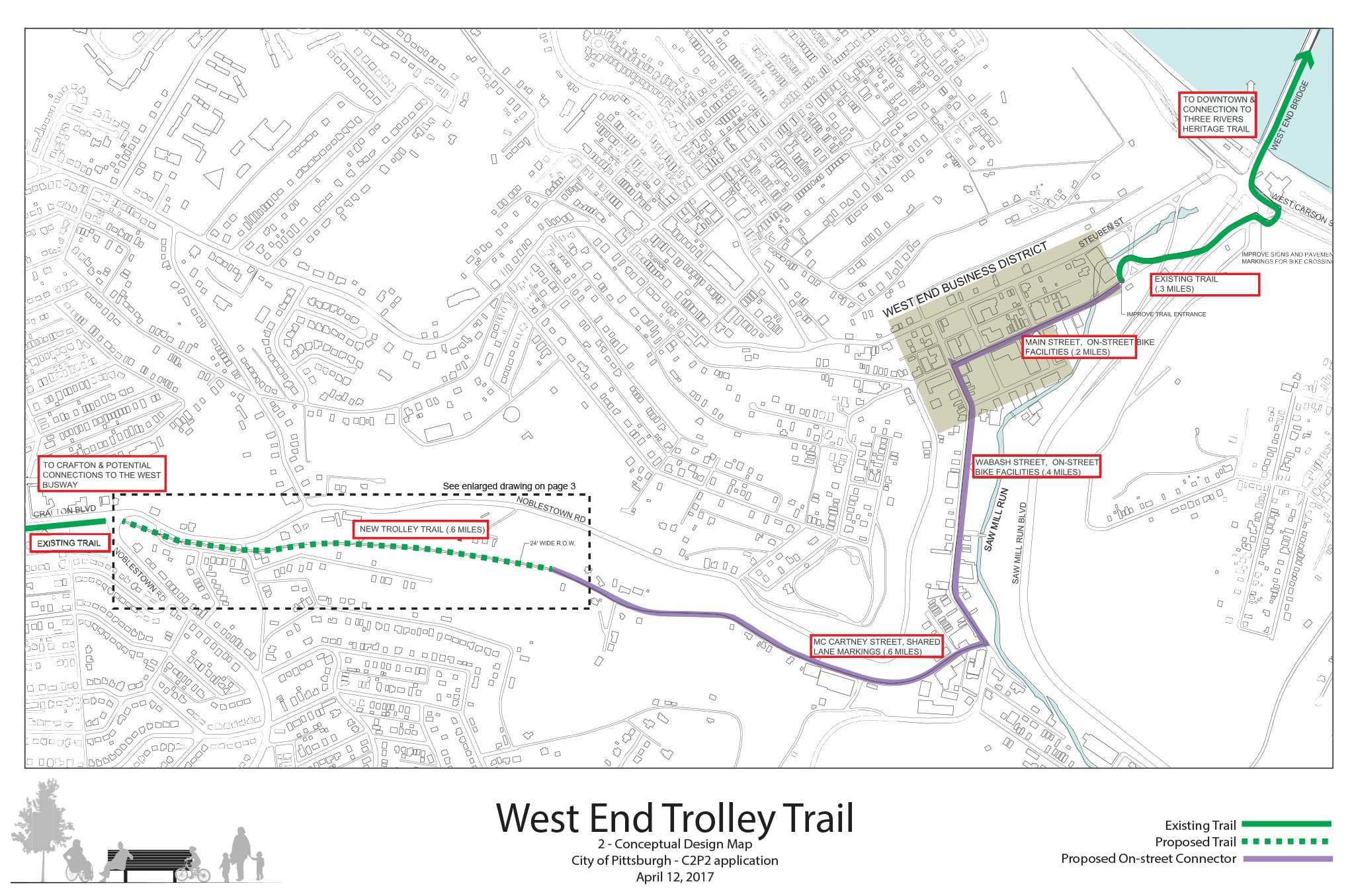 West End Trolley Trail concept map showing the alignment from the West End Business District to the existing trail on Crafton Blvd.