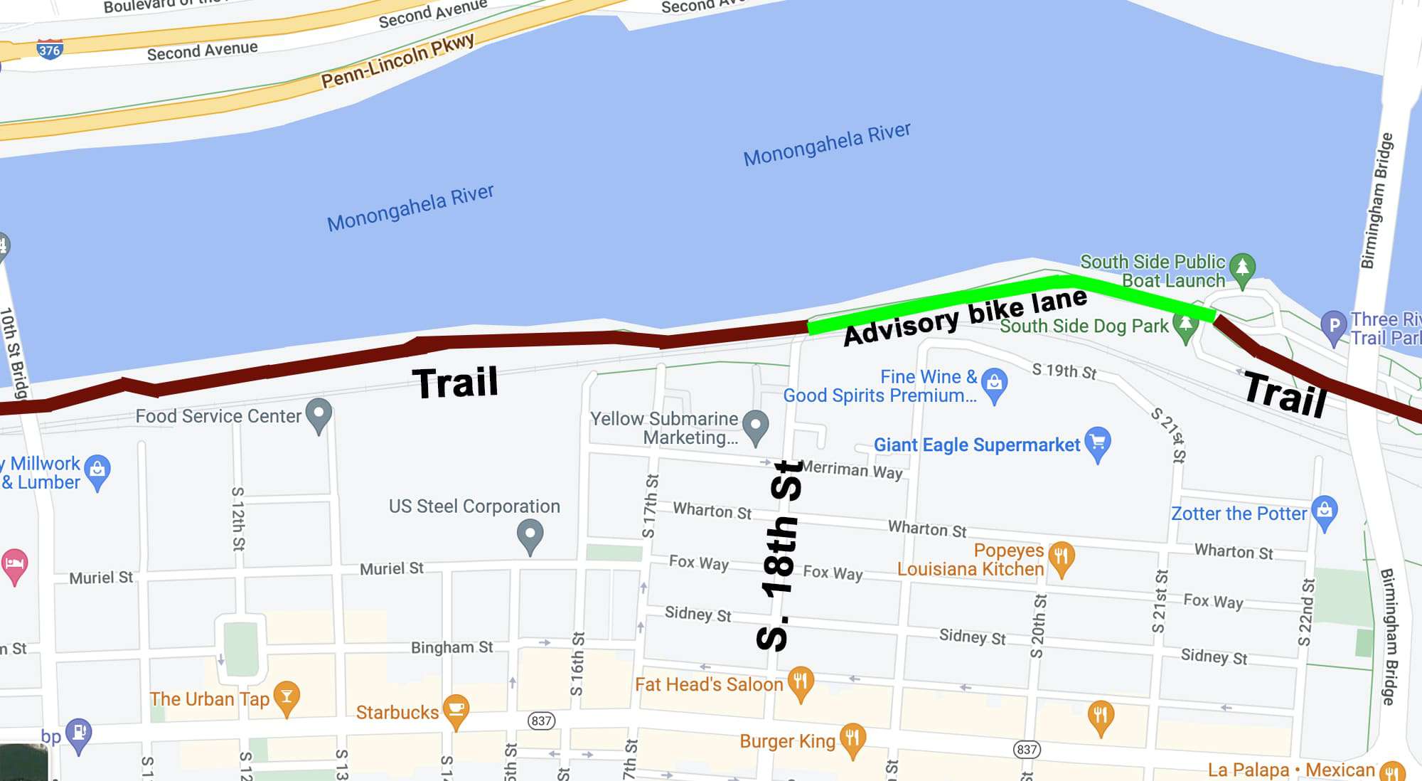 Image is a map of the South Side showing the location of the advisory bike lane.