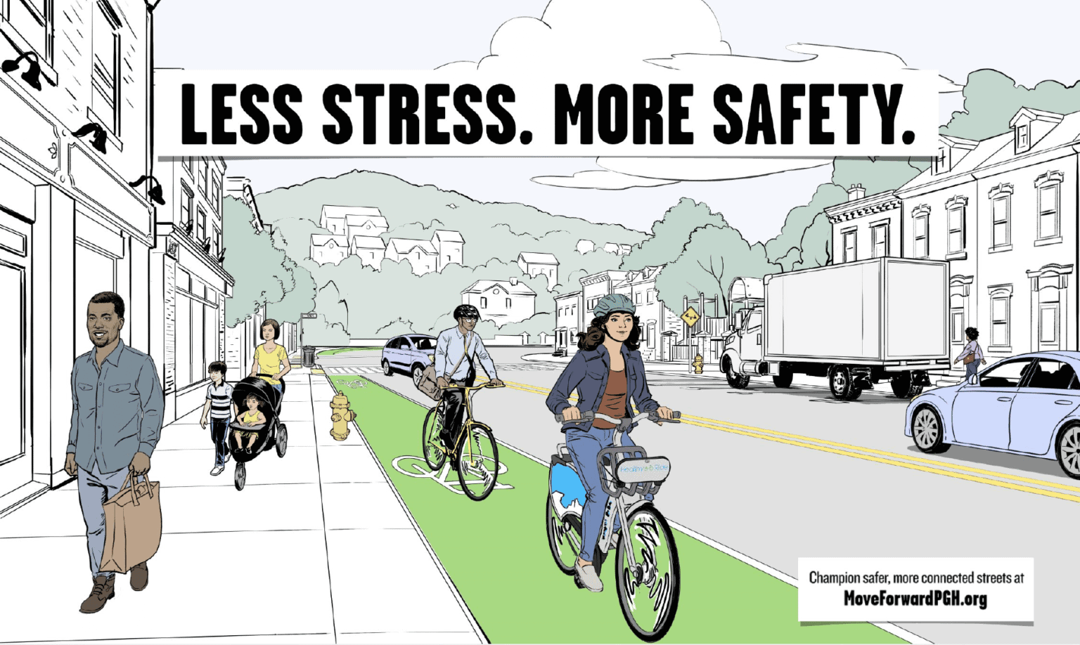 Image of the MoveForward campaign showing an illustration of people riding bicycles in a bike alne in Pittsburgh