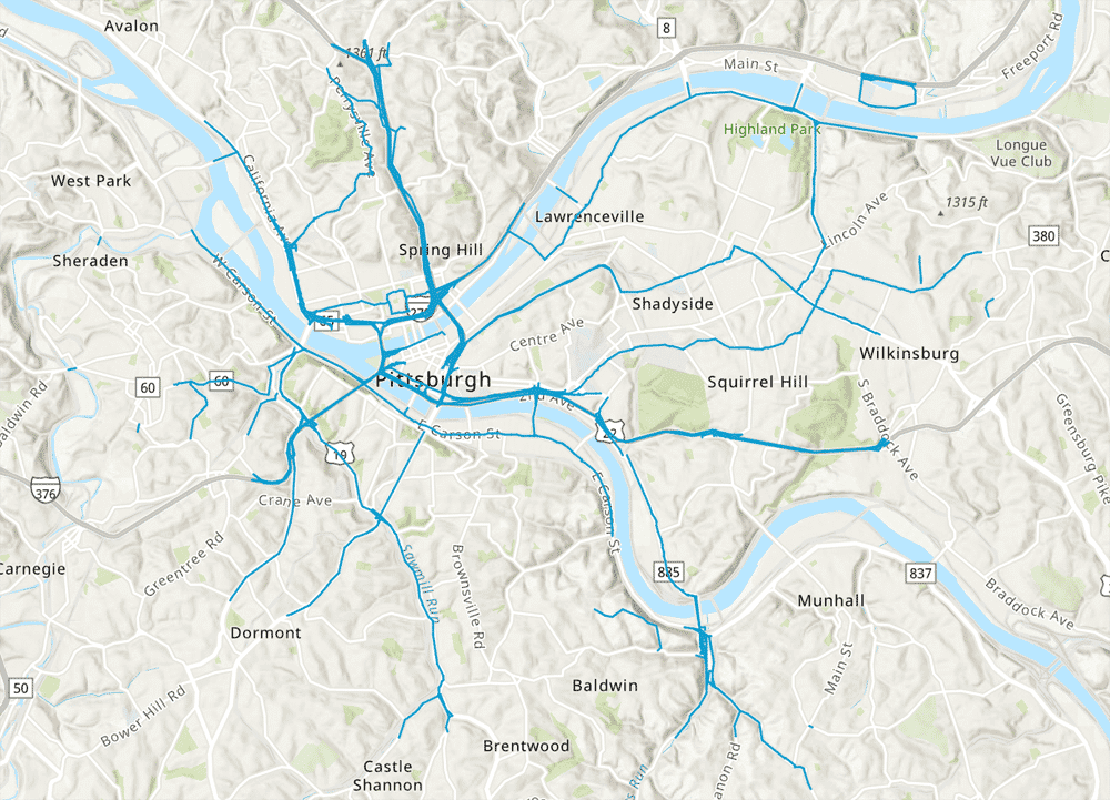 Map of state owned roads within the city of pittsburgh