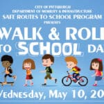 Illustration of children walking, biking, or skateboarding to school.