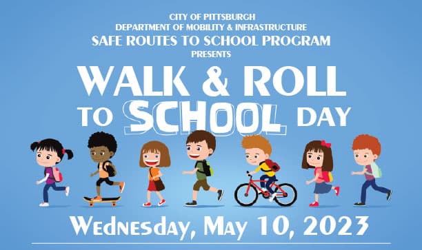 Illustration of young students walking, skateboarding, or biking to school in a line. 