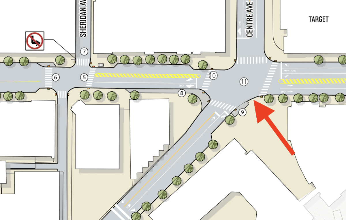 This design drawing shows the intersection of Penn and Centre where crossing distances are wide and cars make the turn quickly. A red arrow points to the southern corner that could be improved.