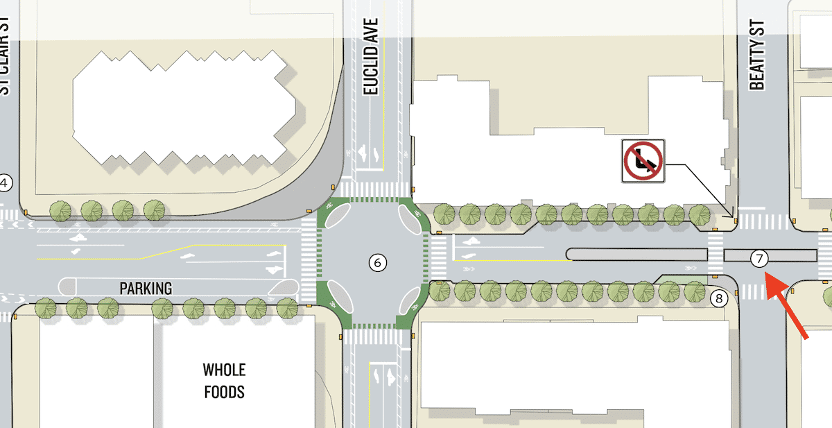 This design drawing shows a diverter at Penn Ave and Beatty St, as well as the Penn Circle improvements planned for Euclid Ave.
