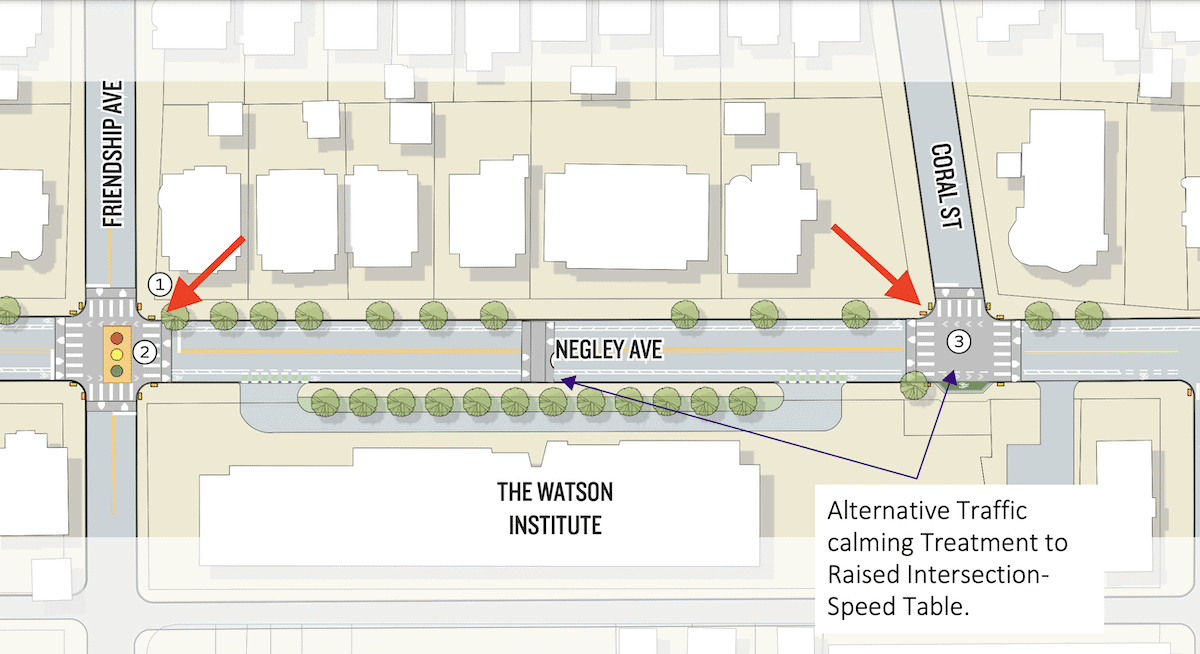 This design drawing shows raised intersections at Friendship Ave and Coral St.