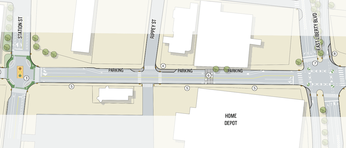 This design drawing shows proposals for a new bike lane, traffic calming, and intersection improvements along Penn Ave.