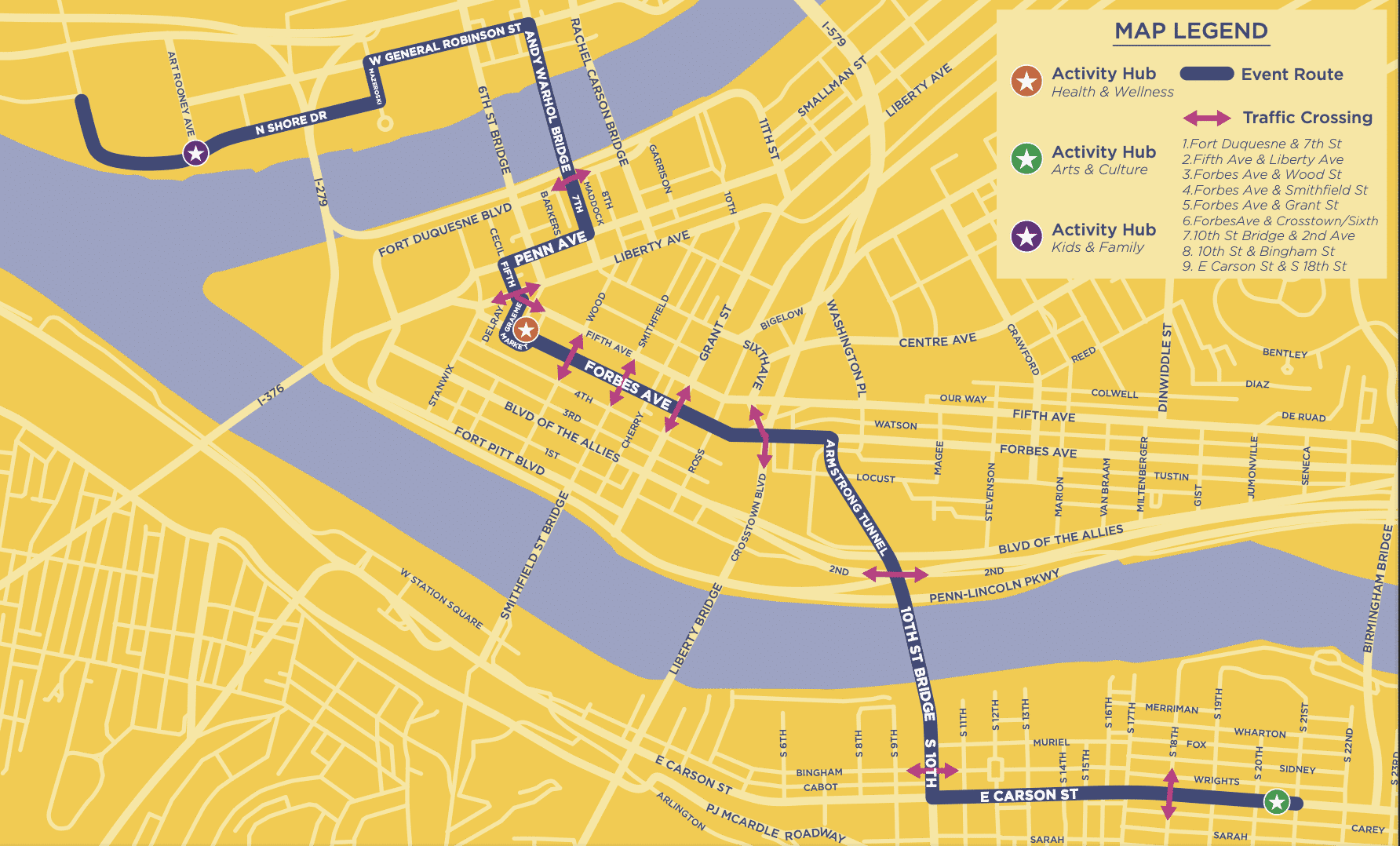 Yellow map of city with purple line drawn out to show route to follow.