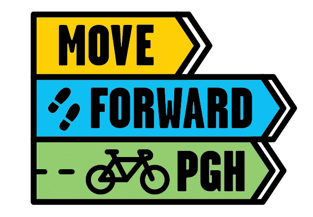 Logo for Move Forward PGH showing that text over right pointing arrows in yellow, blue, and green with foot prints and a bike.