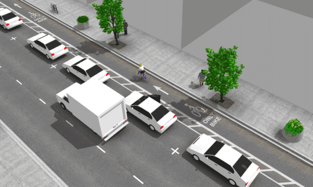 Computer graphic of cars parked alongside a bike lane to form a parking protected bike lane.