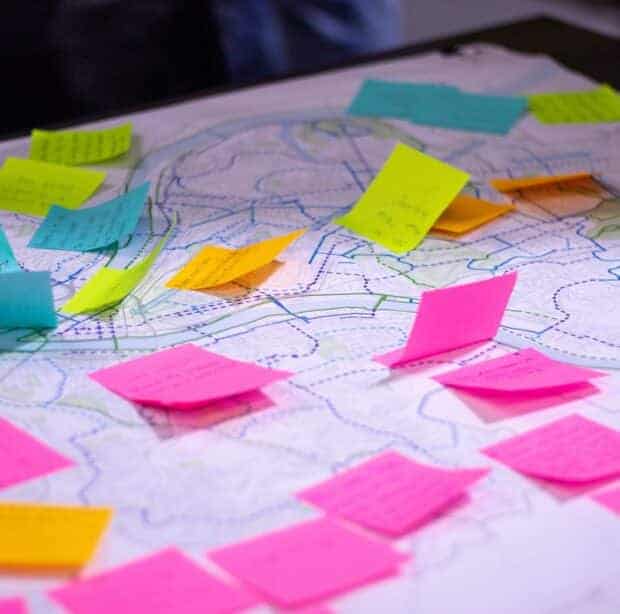 Picture of different color post-its on a map.