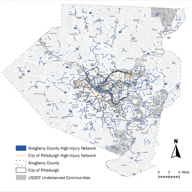Map of Allegheny County showing the High Injury Network denoted by colored lines.