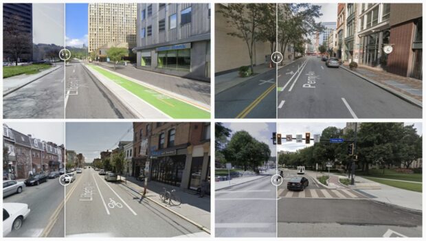 Image showing 4 different "sliders" of before and after photos of bike lanes.