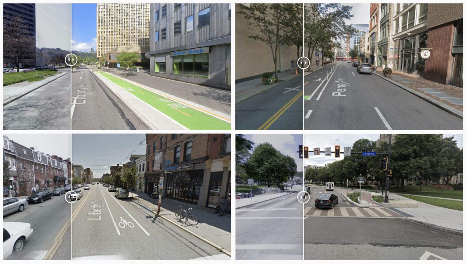 Collage of before and after photos of several bike lanes.