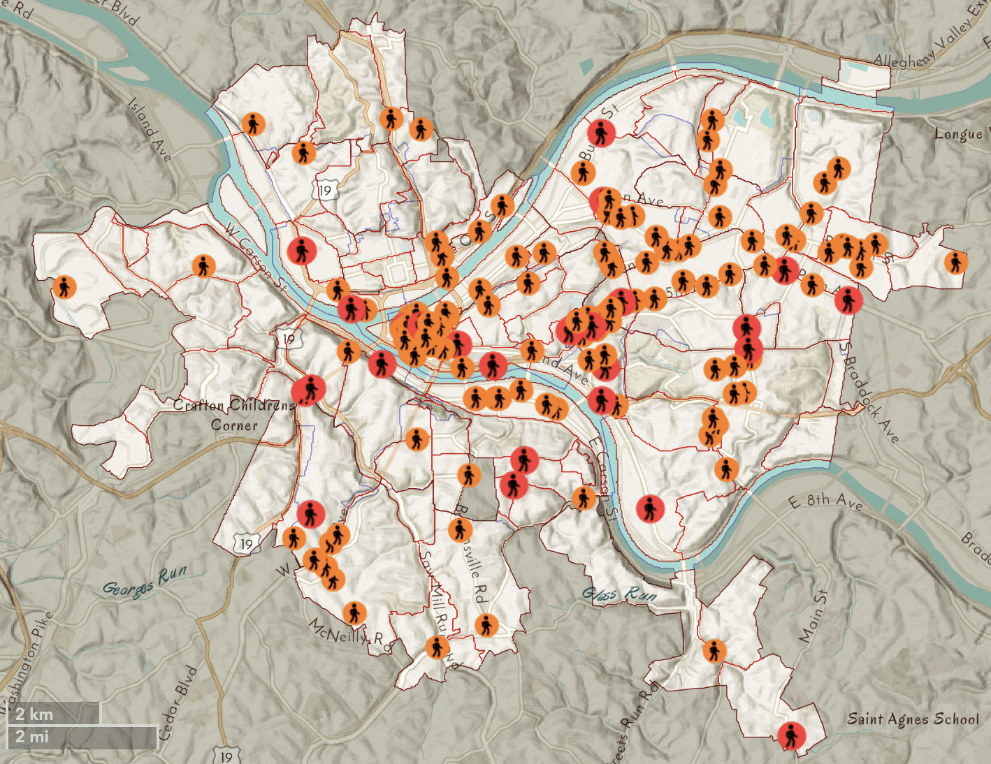 map of 2018-2022 Pedestrian Fatalities and Serious Injuries