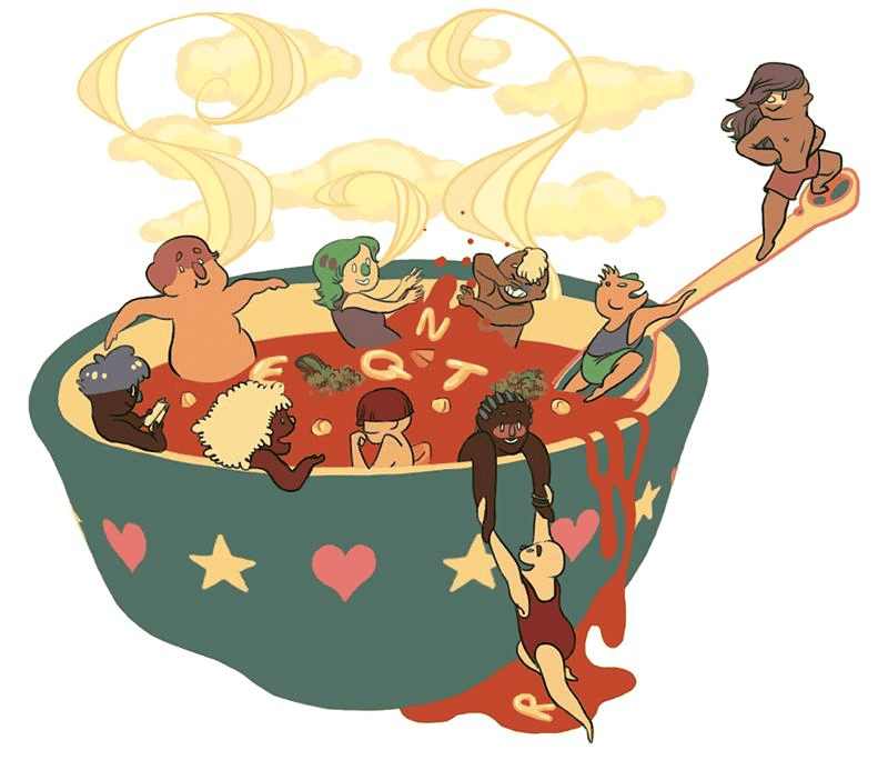 Cartoon illustration of people swimming in a bowl of alphabet soup like it's a hot tub. The people have a variety of skin tones, hairstyles, and clothing. They're playing around hand having fun.