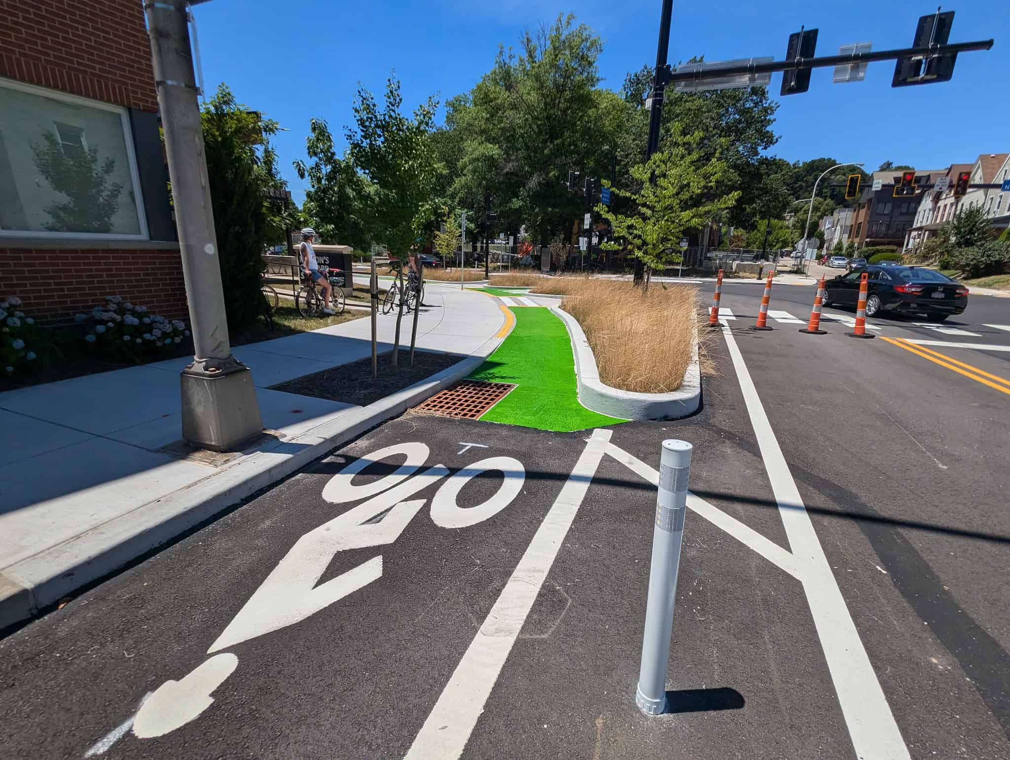 Image of brand new protected bike lanes in Penn Circle, East Liberty