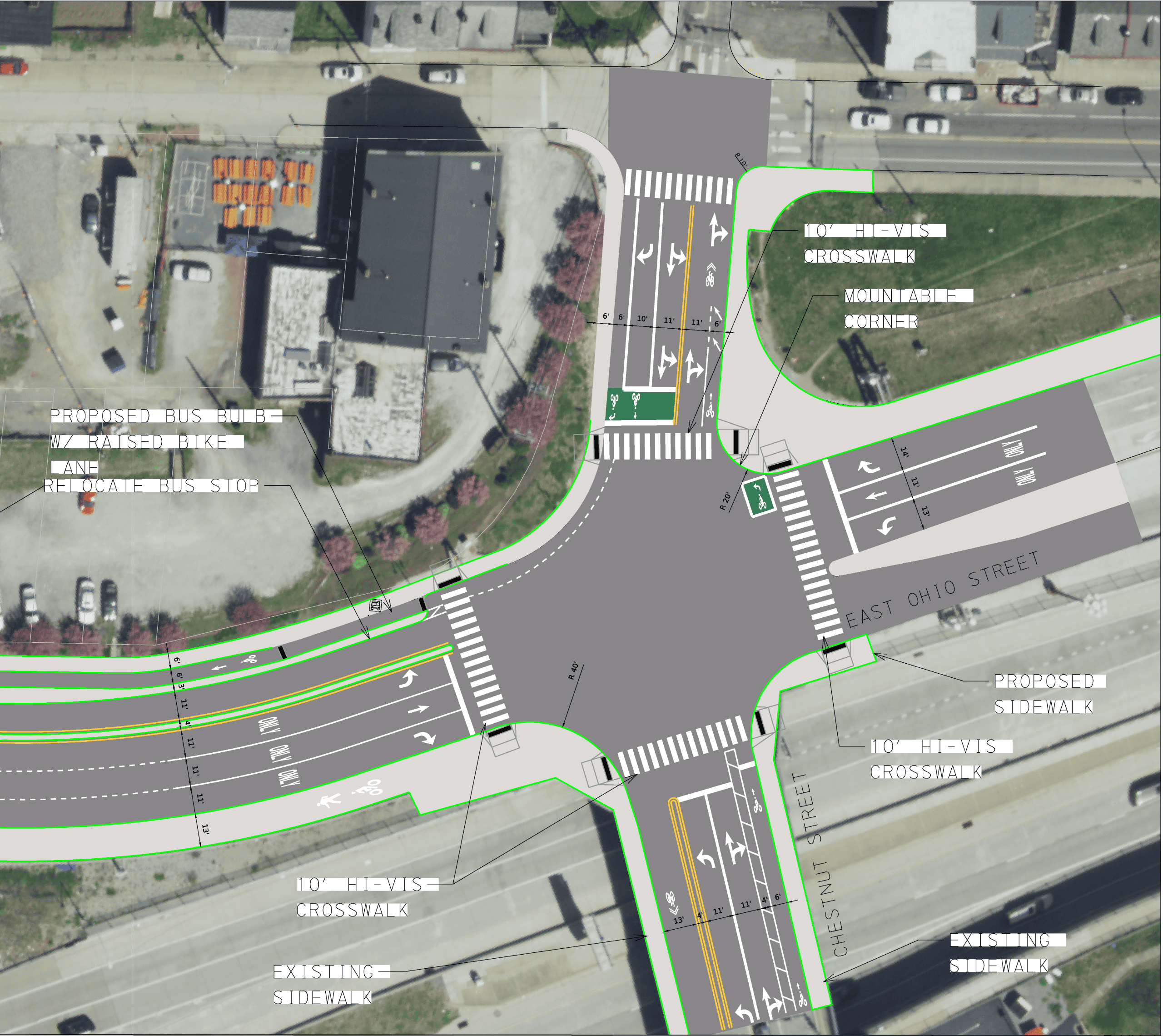 Image of the plans for E Ohio st that shows satellite imagery of the intersection with Chestnut Ave and illustrations of various planned improvements with text descriptions.