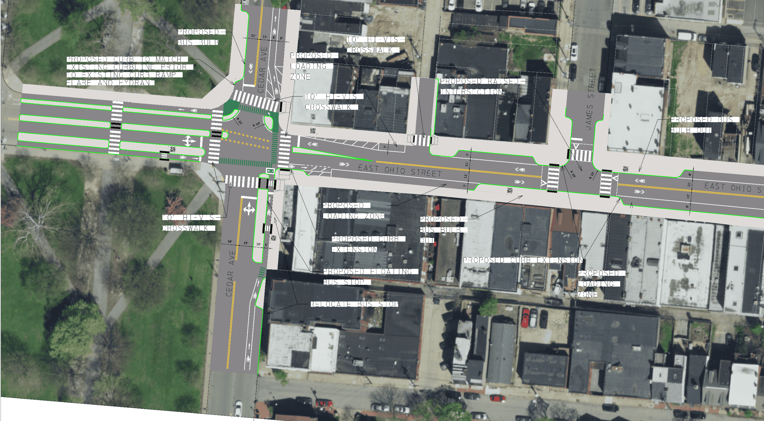 Image of the plans for E Ohio st that shows satellite imagery of the intersection with Cedar Ave and illustrations of various planned improvements with text descriptions.