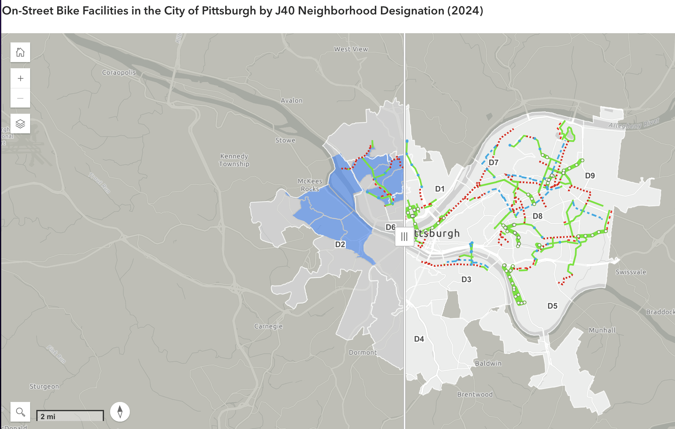 Image is a map of Pittsburgh showing the bike Infrastrucure in J40 and non-J40 neighborhoods