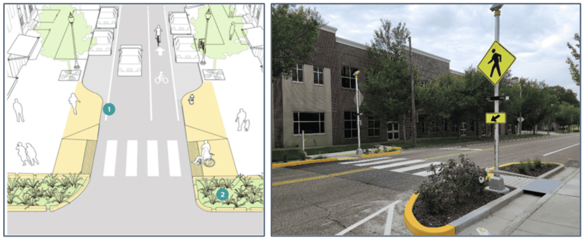 Example of Mid-Block daylighting done with concrete curb extensions with plants designed to capture drainage. 