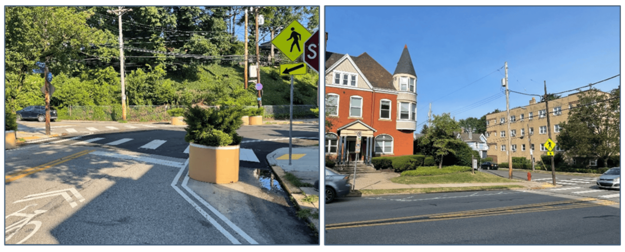 Figure. Images of Daylighting Strategies used in Pittsburgh, PA. Image on the left illustrates use of physical barriers such as planters at intersections, the image on the right shows how painted bumpouts keep cars from parking near a mid-block crossing. Source: BikePGH 
