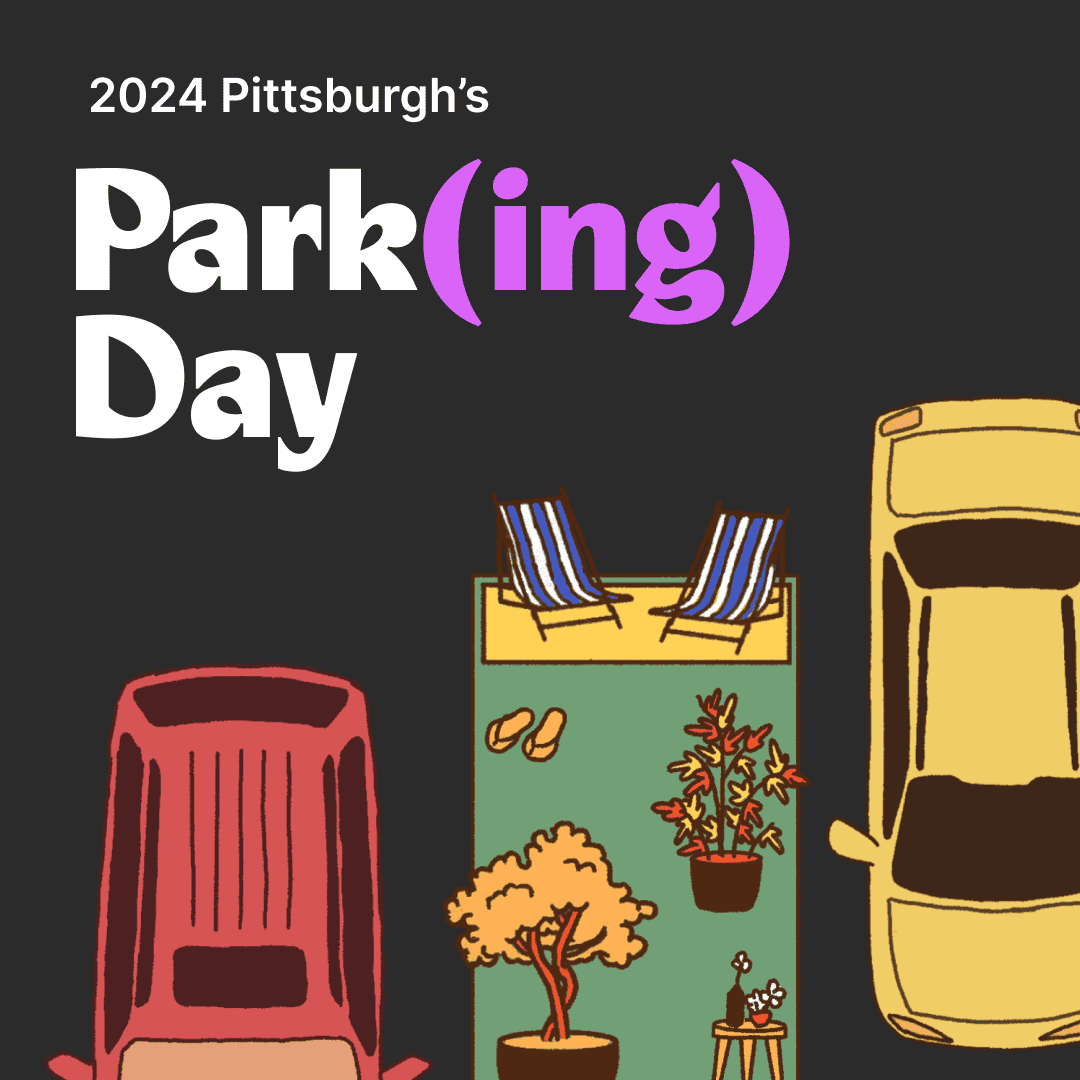 Illustration of two cars on either side of an open parking space with beach chairs, flip flops, and trees. Text says "2024 Pittsburgh's Park(ing) Day"