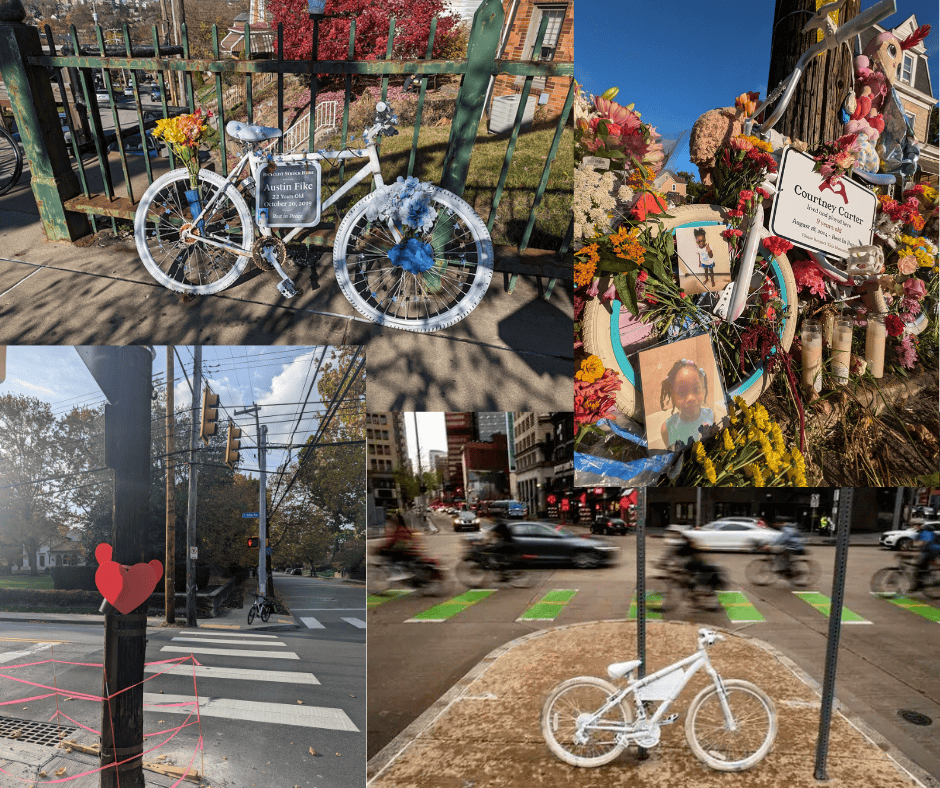 A collage of memorials to victims of traffic violence in Pittsburgh including Austin Fike (2019), Courtney Carter (2024), Vira Petrakh (2024), and James Mills (2024).