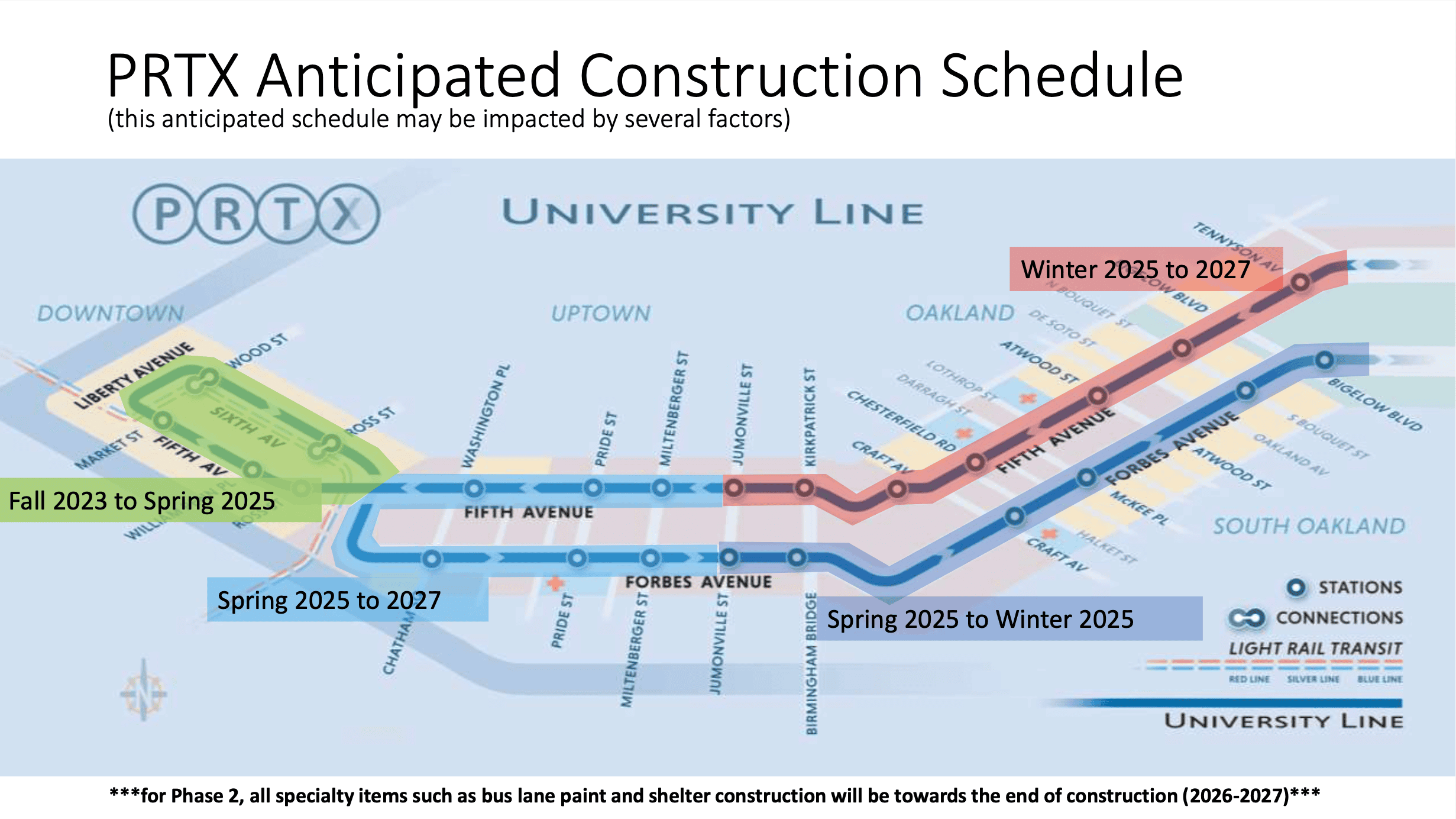 Image shows a map of the university line with an anticipated construction schedule from 2023 to 2027.