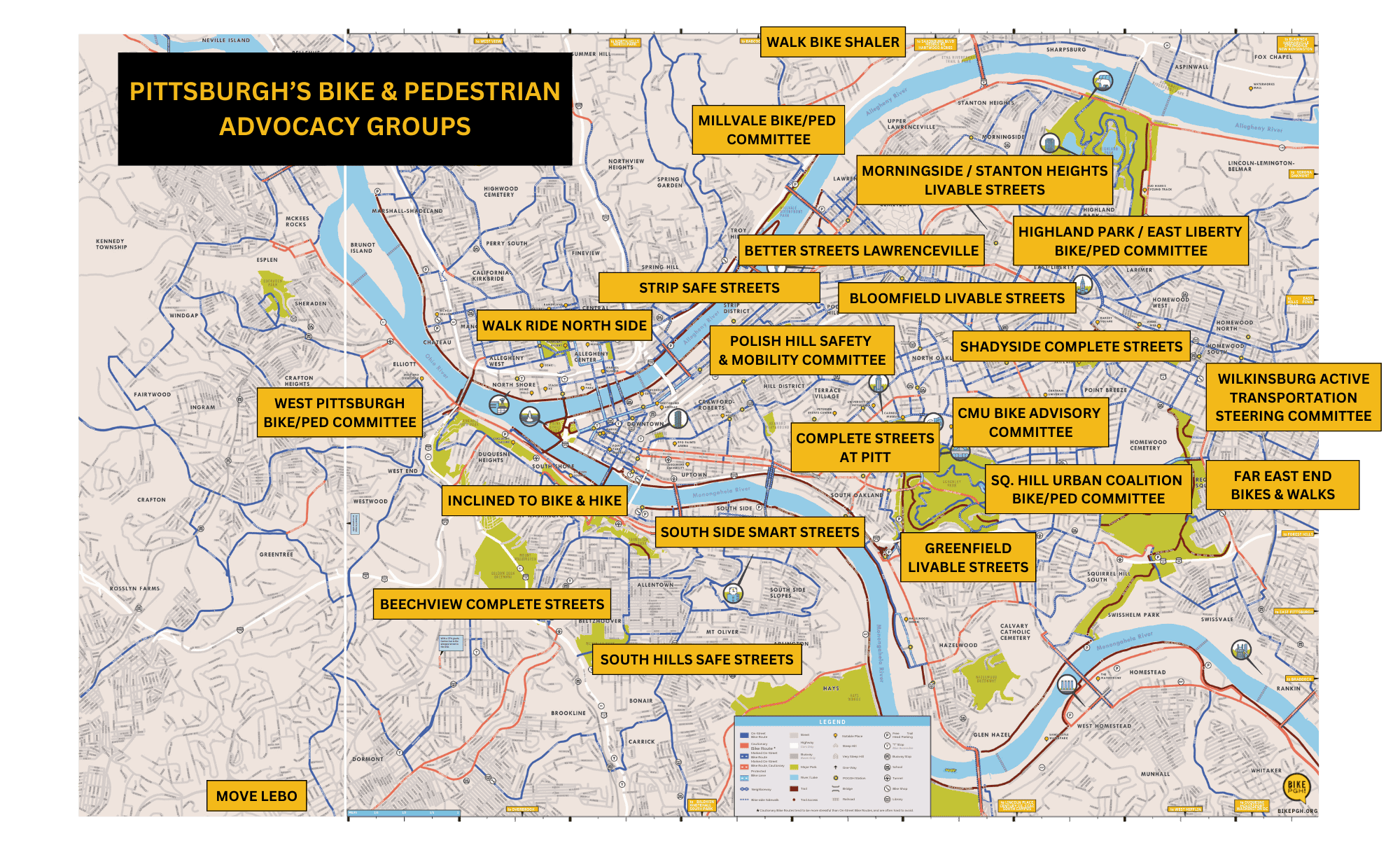 A Nearly Complete Map of Bike & Pedestrian Advocacy groups across Greater Pittsburgh. Find the list at bikepgh.org/BPC