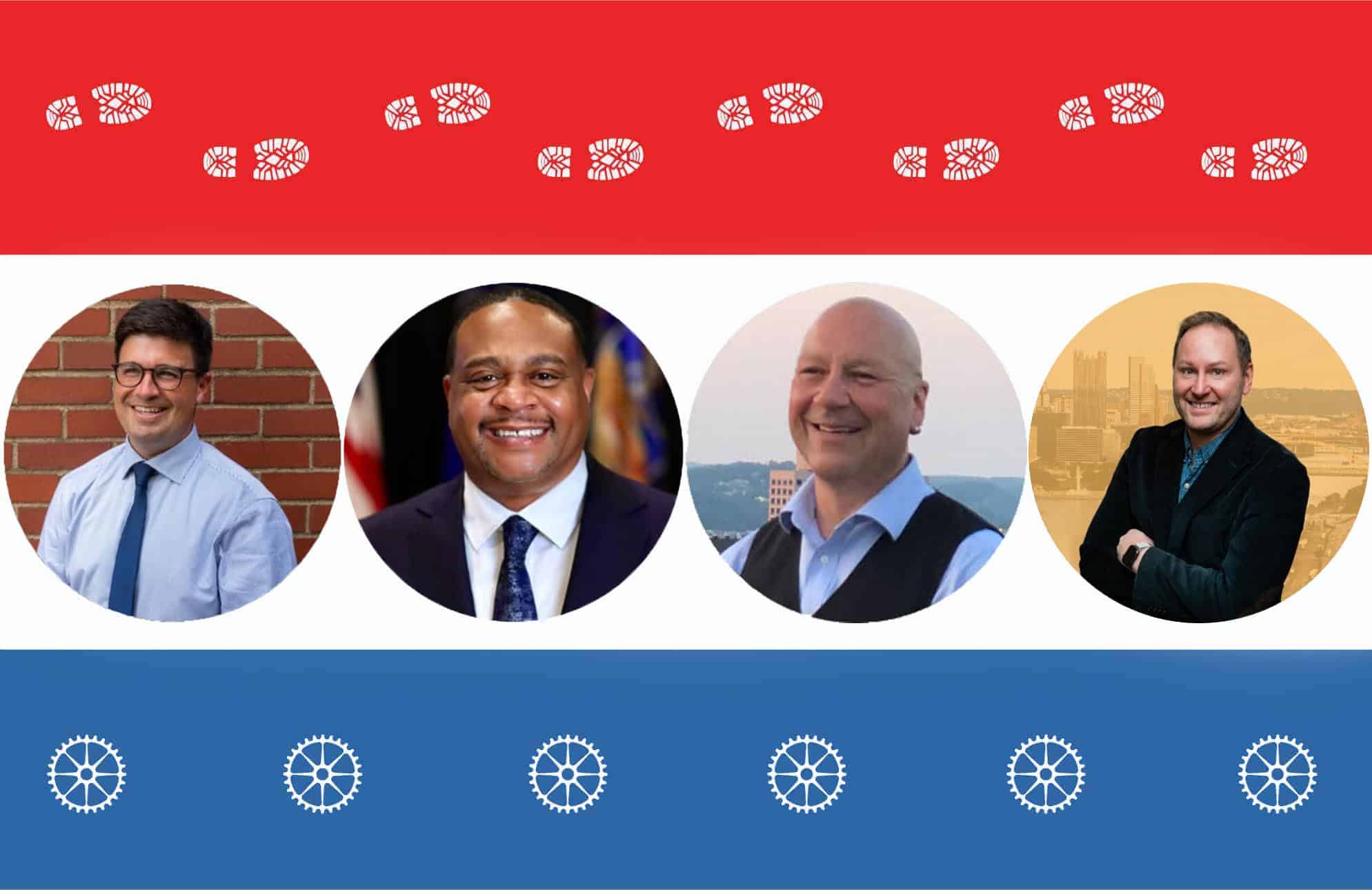 Image shows a red, white, and blue background with footprints and bicycle cogs. In the center are the four candidates for Mayor in the order that the surveys were received - O'Connor, Gainey, Moreno, and West.