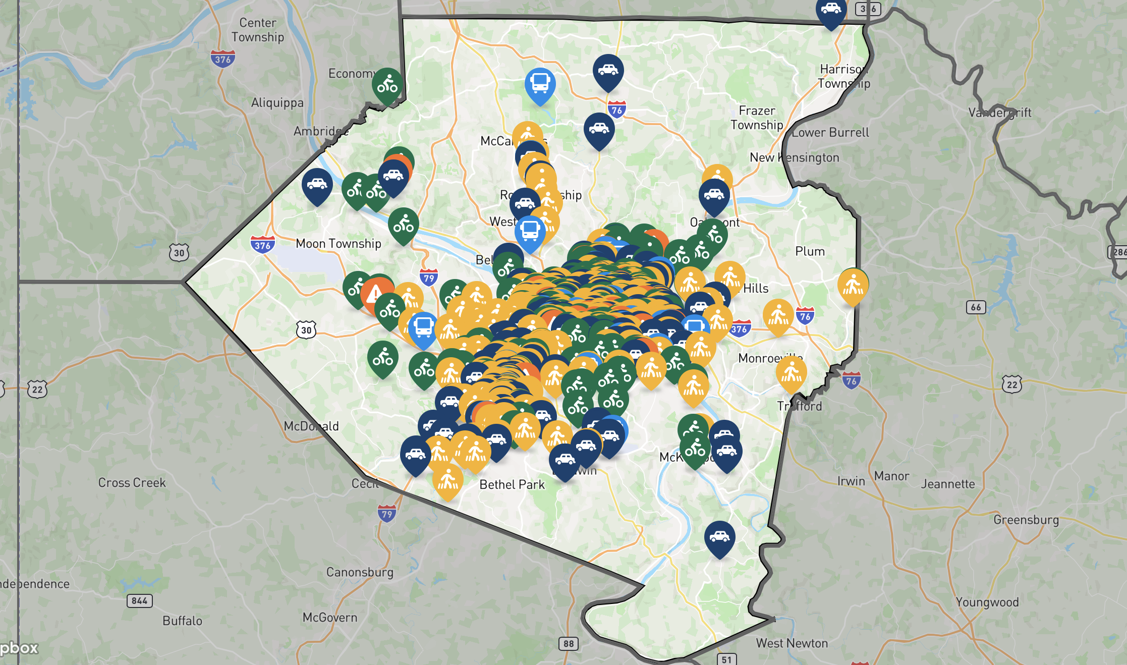 A map of user submitted issues on the Allegheny County Vision Zero Planning website