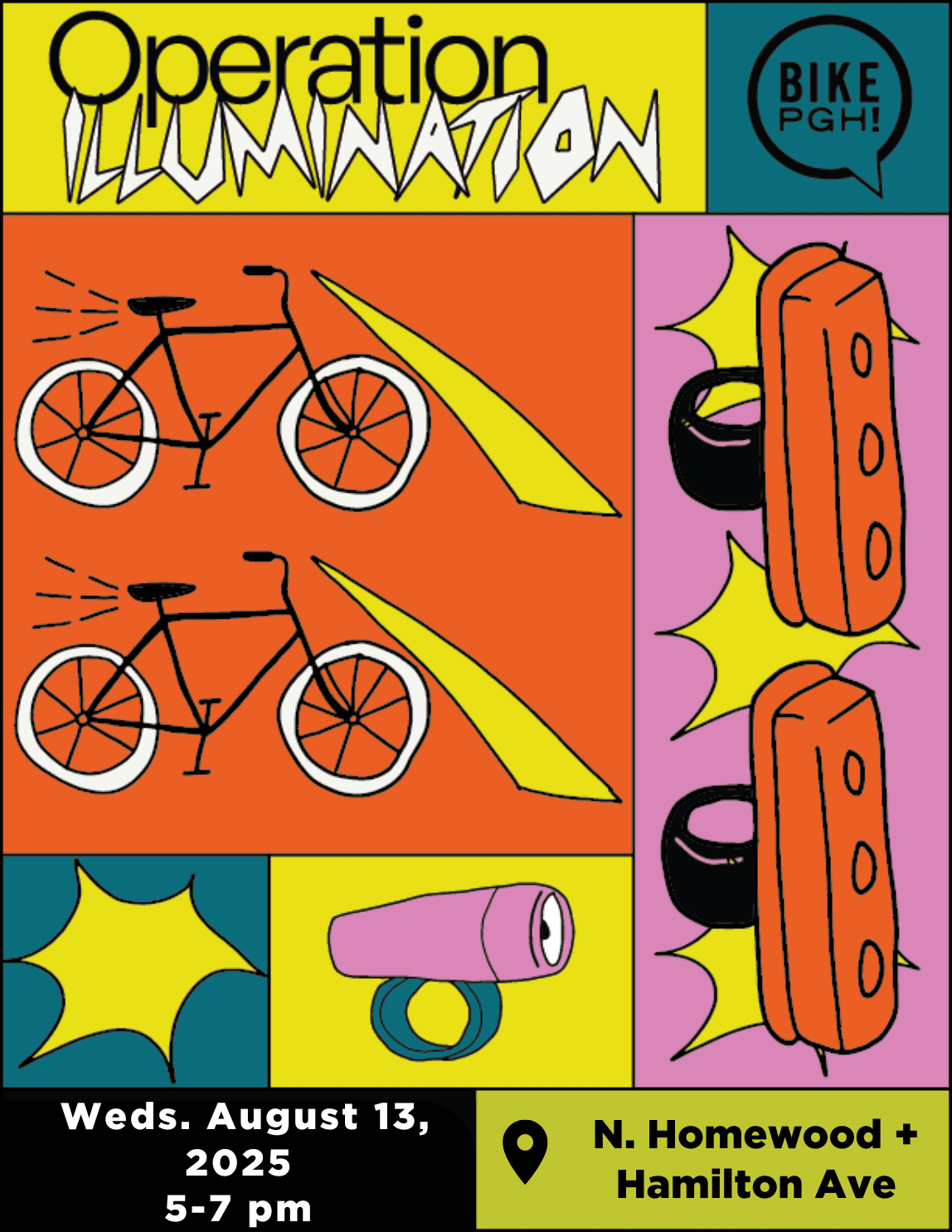 A stylized poster that say "Operation Illumination" with a BikePGH logo. Below the title is two bicycles with light beams emanating from the handlebars and pictures of bike lights surrounding it. 