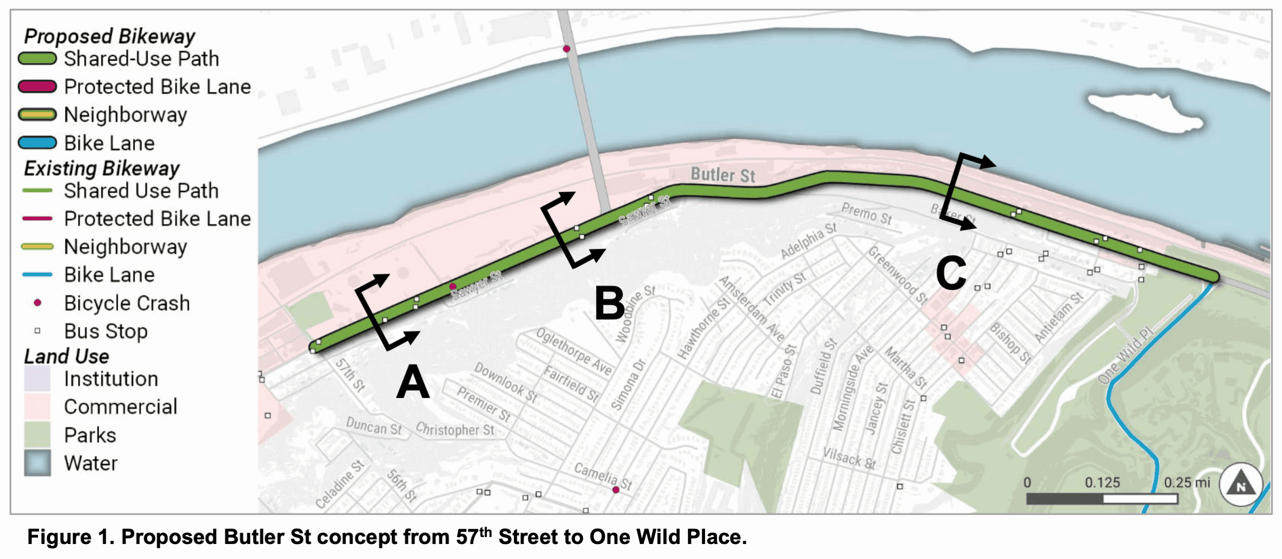 Map of the proposed Bikeway along Butler Street between 57th and One Wild Place