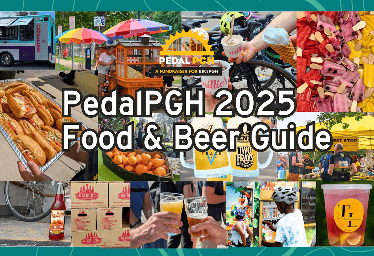 A colorful collage photo of all of this year's offerings, like Ice cream, hoagies, beer, pop, coffee... All on August 24 at Pittsburgh's biggest bike ride!