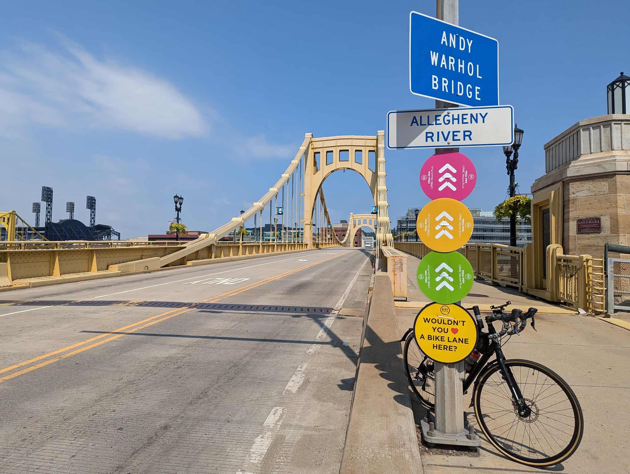 PedalPGH signs on the Warhol Bridge