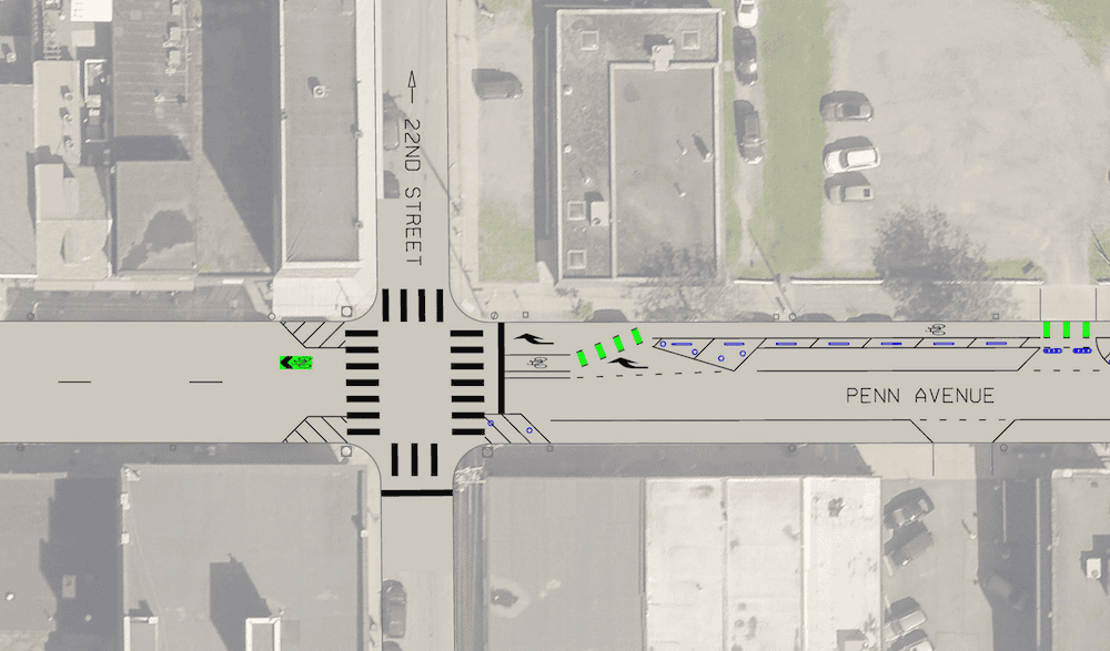 image showing how the penn ave bike lane ends at 22nd st