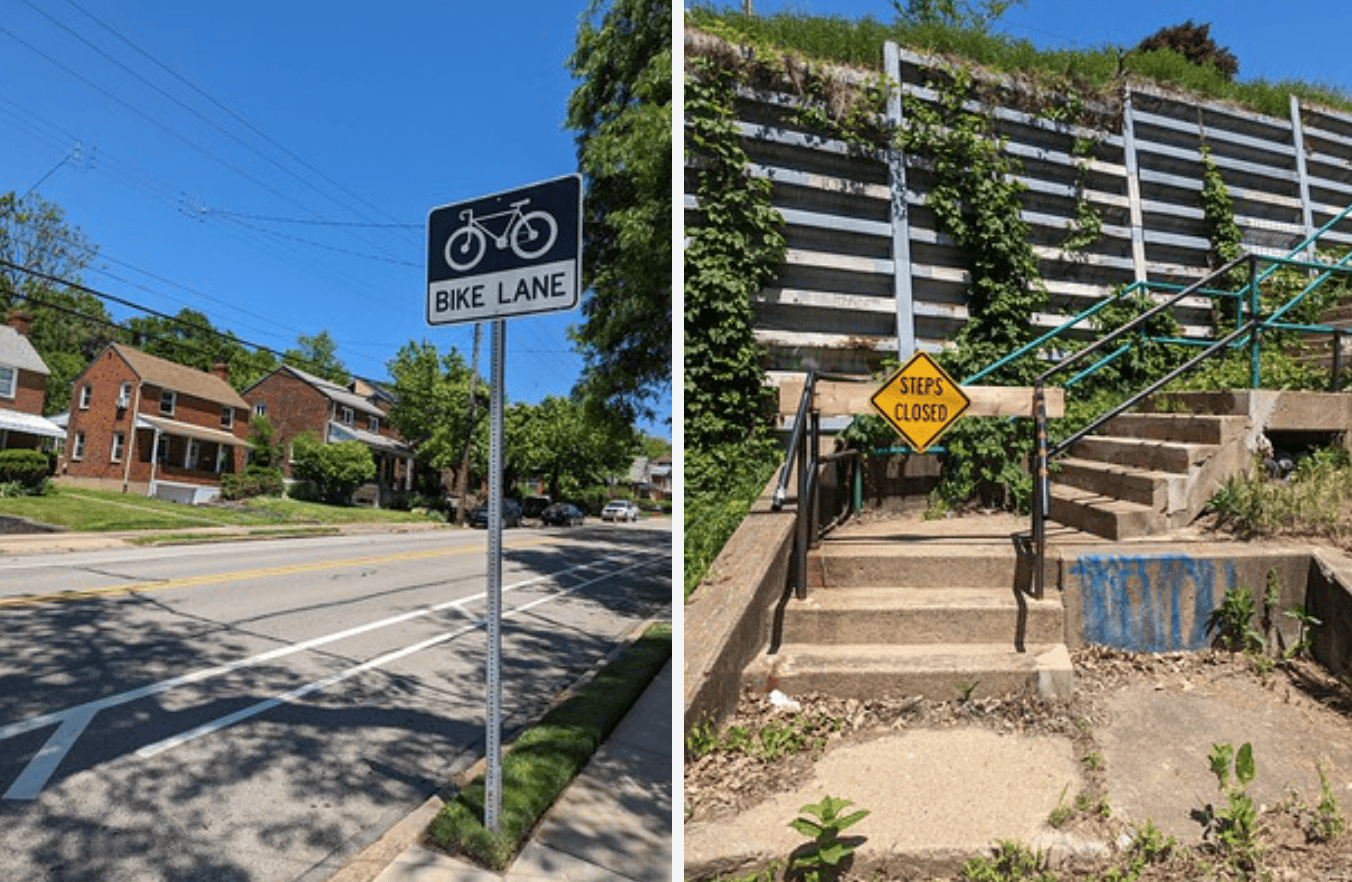 A photo of the bike lane coming up Stanton Ave toward Stanton Heights from Butler Street, next to a photo of a set of under-construction city steps with a sign that says "steps closed"
