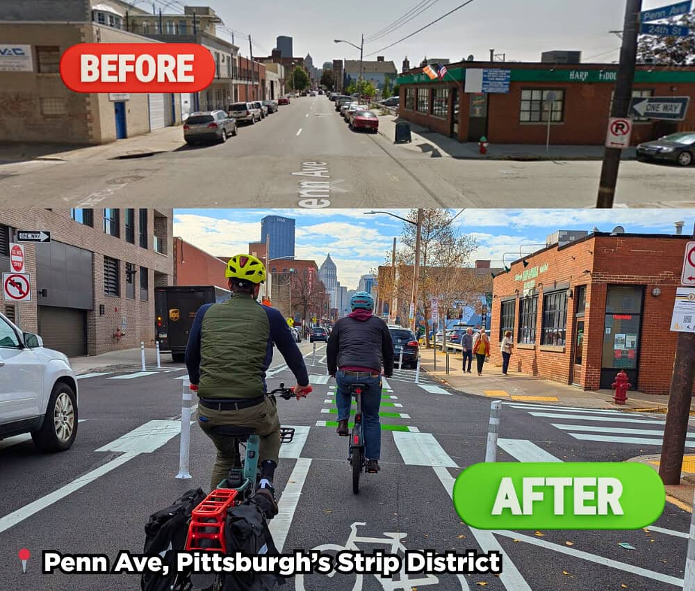 "Before" and "After" photos of the Penn Ave bike lane in Pittsburgh's Strip District, showing a bike riders on a freshly green painted bike lane near Harp & Fiddle on 24th & Penn.